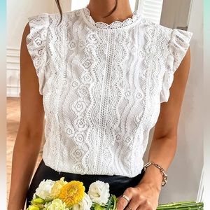 Women's Elegant Butterfly Sleeve Mock Neck  White Lace Blouse Top